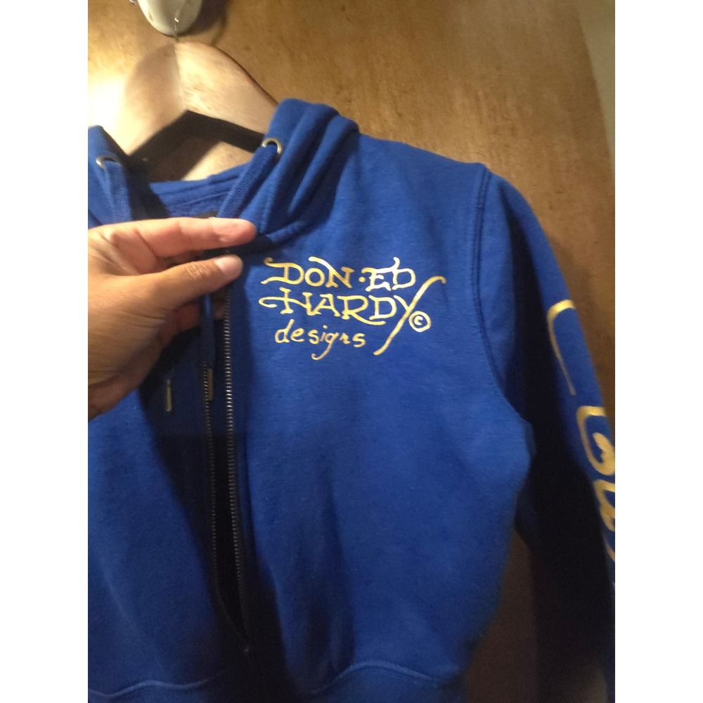 Ed Hardy Blue Tiger Graphic Cropped Zip Up Hoodie Y2K Small - Picture 5 of 7